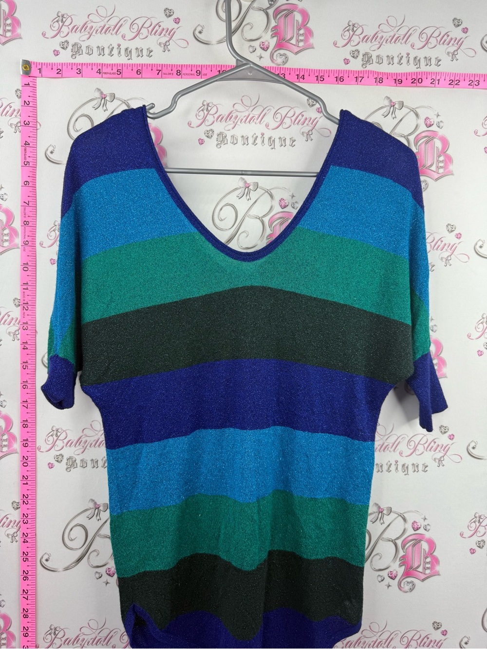 Express striped sparkly Striped V-Neck Short Sleeve Top in Blue, Teal & Black